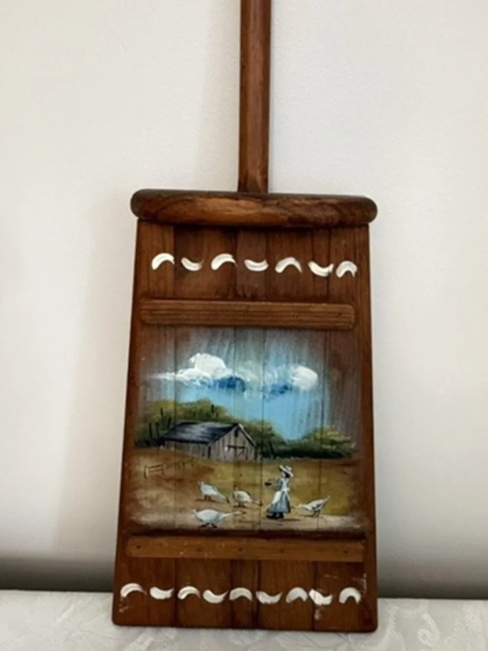 Country Geese Hand Painted Wooden Wall Plaque Farm Girl Ducks Butter Churn 20